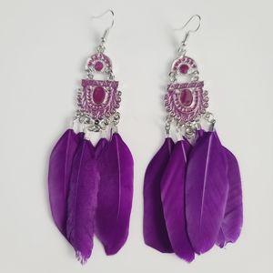 Elegant Purple Feather Tassel Earrings French Hooks
